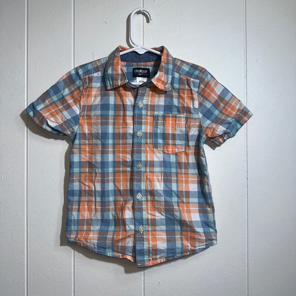 OshKosh Bgosh Boys 4T Orange Blue Plaid Short Sleeve Button Down Shirt 4A‎